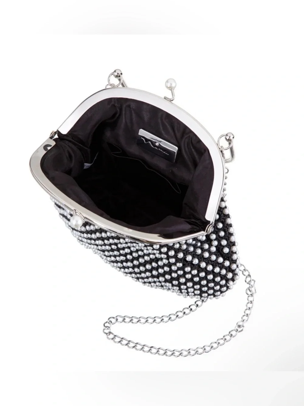 Nina Vintage Style All Over Frame Clutch. Black/Silver.